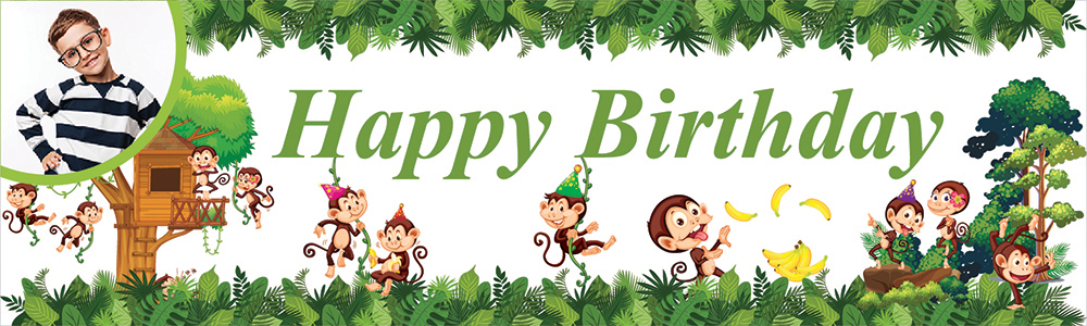 Personalised Happy Birthday Banner - Jungle Monkeys - 1 Photo Upload