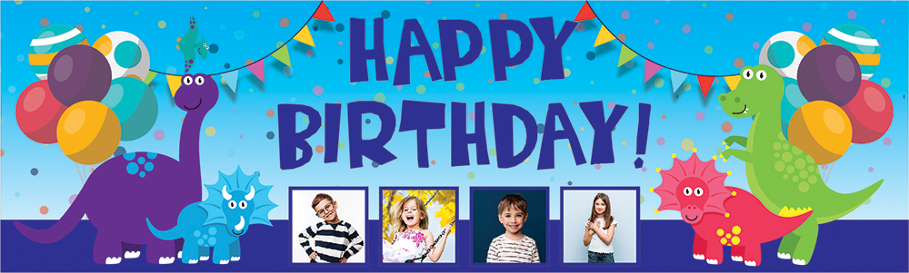 Personalised Happy Birthday Banner - Kids Dinosaur - 4 Photo Upload