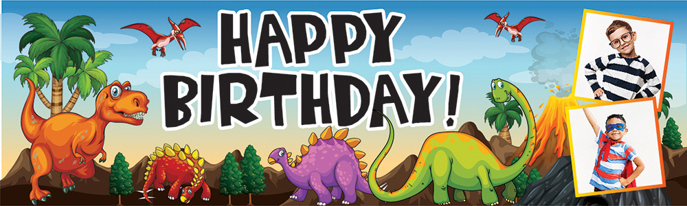 Personalised Happy Birthday Banner - Kids Dinosaur Friends Party - 2 Photo Upload