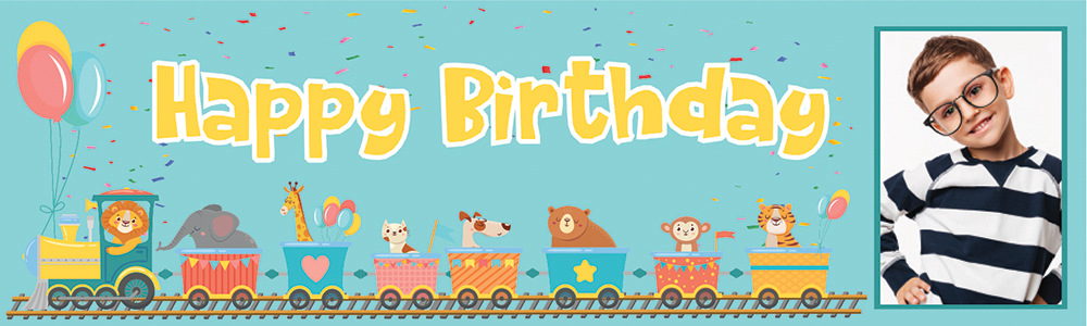 Personalised Happy Birthday Banner - Lion Party Train - 1 Photo Upload