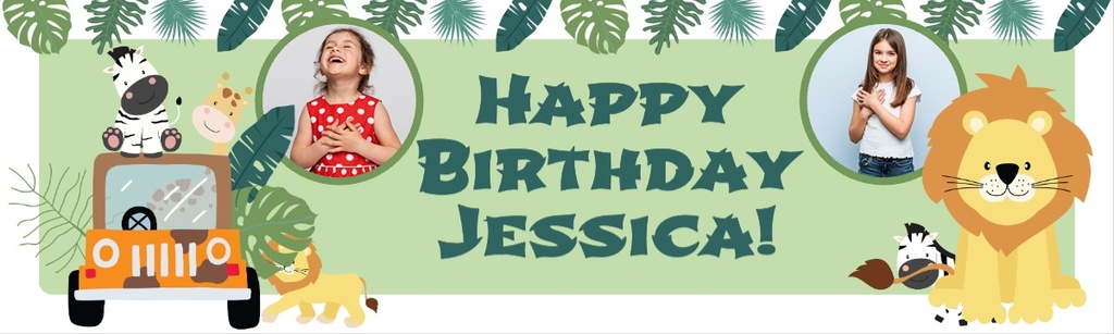 Personalised Happy Birthday Banner - Lion Safari - 2 Photo Upload