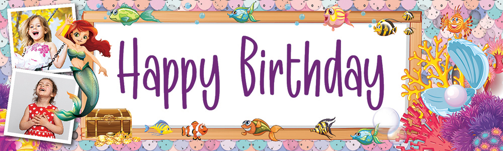 Personalised Happy Birthday Banner - Little Mermaid & Fish - 2 Photo Upload