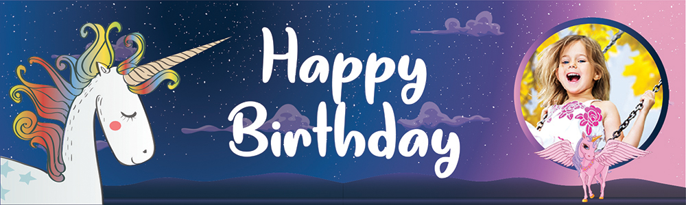 Personalised Happy Birthday Banner - Midnight Unicorn - 1 Photo Upload