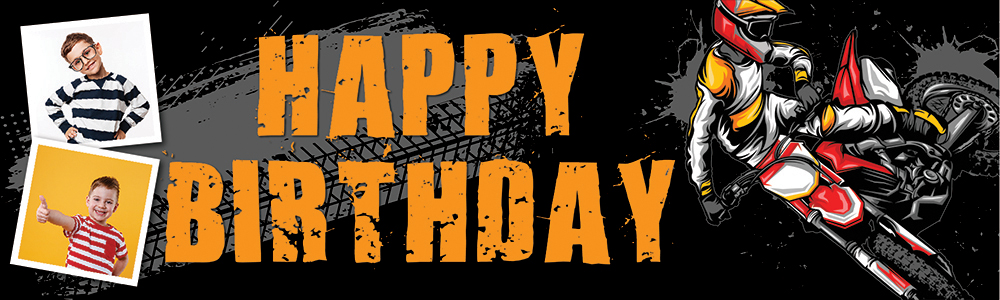 Personalised Happy Birthday Banner - Motocross Dirt Bike - 2 Photo Upload