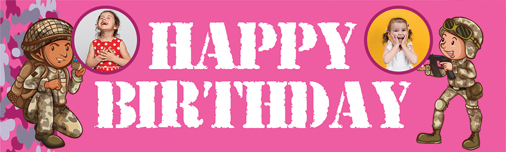 Personalised Happy Birthday Banner - Pink Army Soldiers - 2 Photo Upload