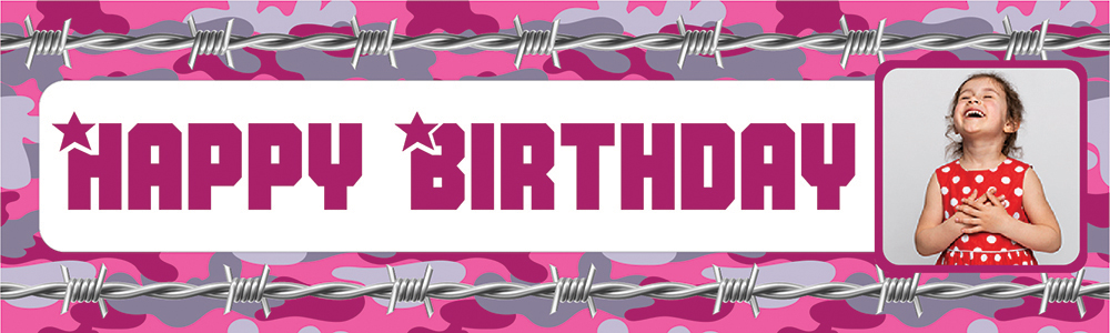 Personalised Happy Birthday Banner - Pink Camouflage Army - 1 Photo Upload