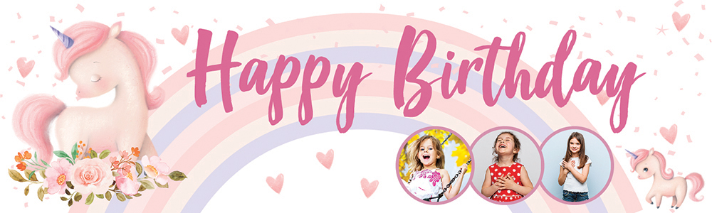 Personalised Happy Birthday Banner - Pink Flower Unicorn - 3 Photo Upload