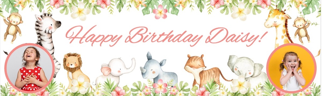 Personalised Happy Birthday Banner - Pink Flowers & Safari Animals - 2 Photo Upload