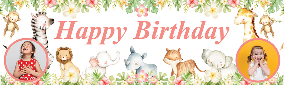 Personalised Happy Birthday Banner - Pink Flowers & Safari Animals - 2 Photo Upload