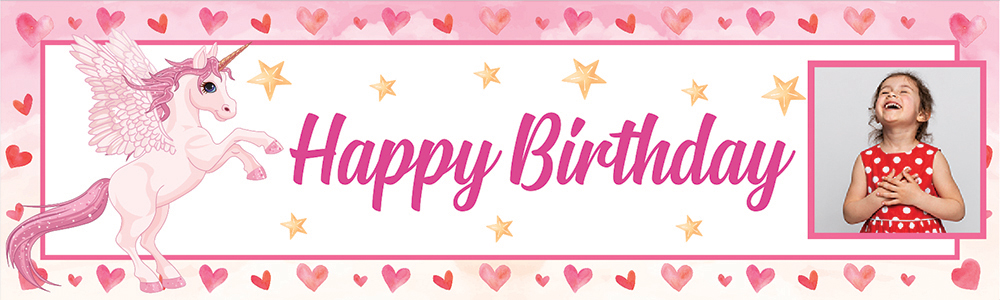 Personalised Happy Birthday Banner - Pink Hearts & Unicorn - 1 Photo Upload