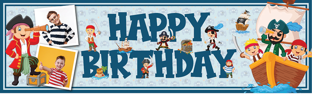 Personalised Happy Birthday Banner - Pirate Ship Kids - 2 Photo Upload