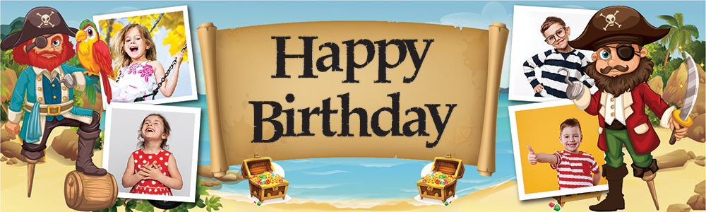 Personalised Happy Birthday Banner - Pirate Treasure - 4 Photo Upload