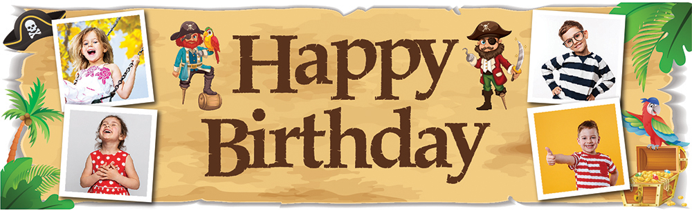 Personalised Happy Birthday Banner - Pirate Treasure Kids - 4 Photo Upload