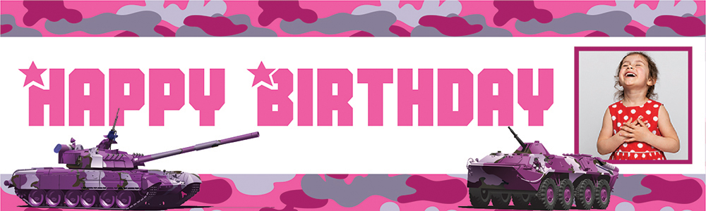 Personalised Happy Birthday Banner - Purple & Pink Army - 1 Photo Upload