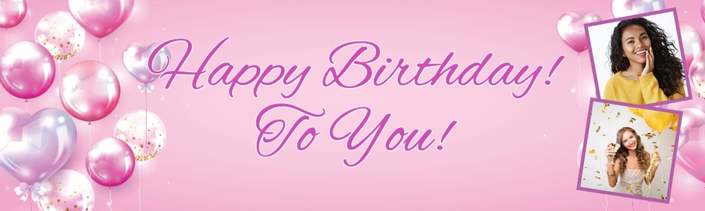 Personalised Happy Birthday Banner - Pink Party Balloons - 2 Photo Upload