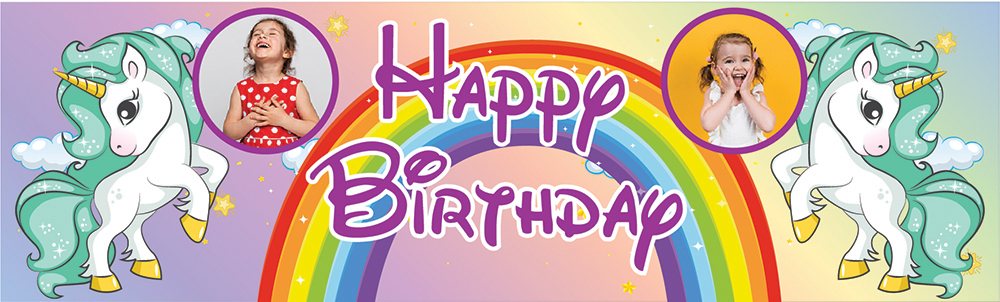 Personalised Happy Birthday Banner - Rainbow & Unicorns Kids - 2 Photo Upload