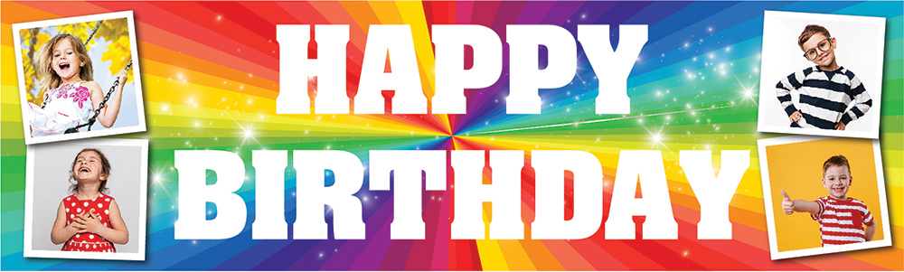 Personalised Happy Birthday Banner - Rainbow Background - 4 Photo Upload