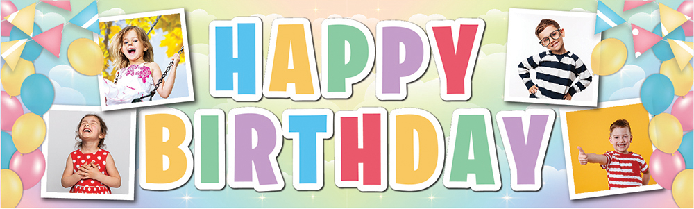 Personalised Happy Birthday Banner - Rainbow Balloons - 4 Photo Upload