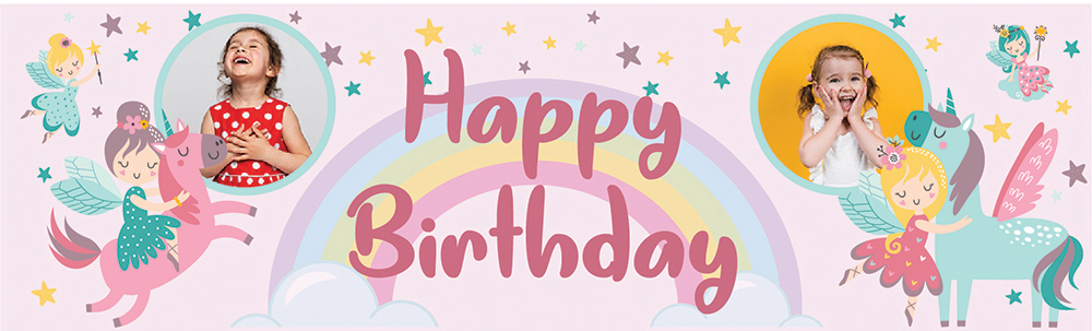 Personalised Happy Birthday Banner - Rainbow Fairies & Unicorns - 2 Photo Upload