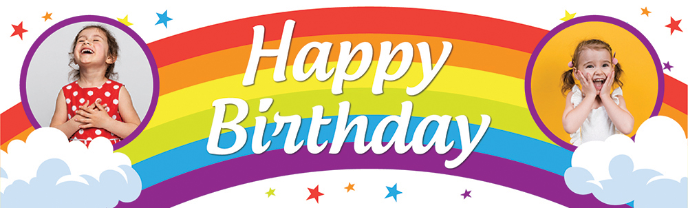 Personalised Happy Birthday Banner - Rainbows Clouds Stars - 2 Photo Upload