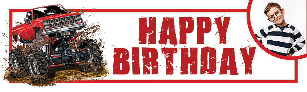 Personalised Happy Birthday Banner - Red Monster Truck - 1 Photo Upload