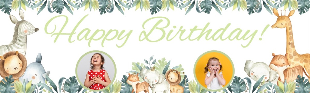 Personalised Happy Birthday Banner - Safari Animal Friends Childrens - 2 Photo Upload