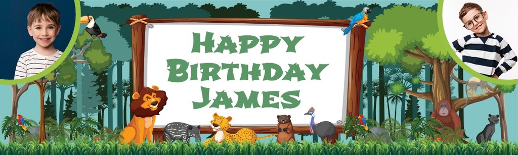 Personalised Happy Birthday Banner - Safari Jungle Theme - 2 Photo Upload