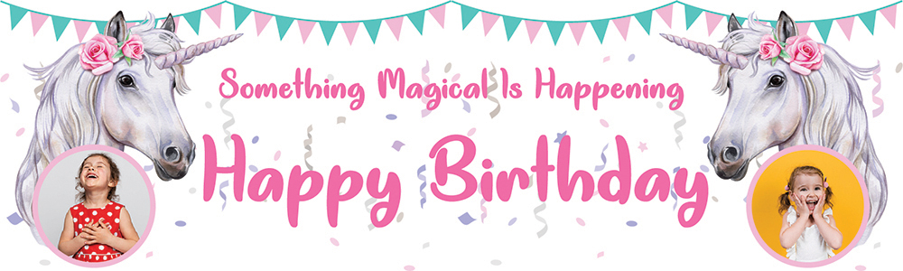 Personalised Happy Birthday Banner - Something Magical White Unicorn - 2 Photo Upload