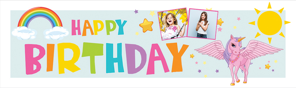 Personalised Happy Birthday Banner - Sunshine Rainbow Unicorn - 2 Photo Upload