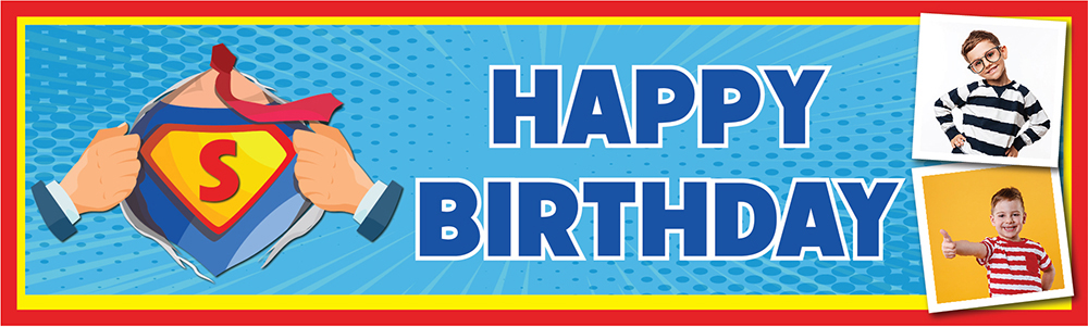 Personalised Happy Birthday Banner - Superman Design Superhero - 2 Photo Upload