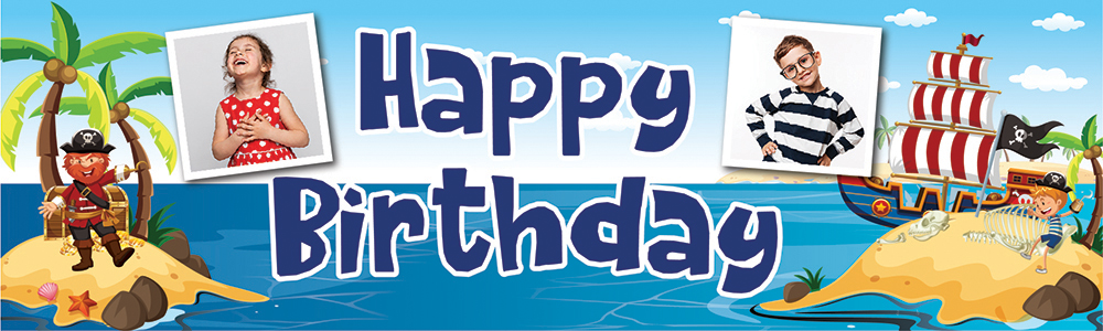 Personalised Happy Birthday Banner - Treasure Island Pirate - 2 Photo Upload