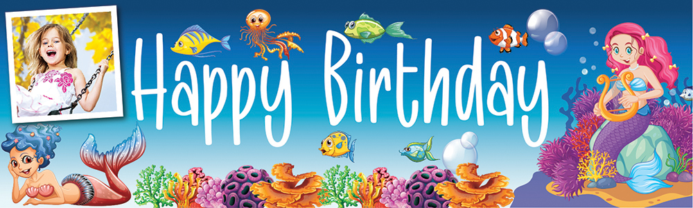 Personalised Happy Birthday Banner - Under The Sea Mermaid - 1 Photo Upload