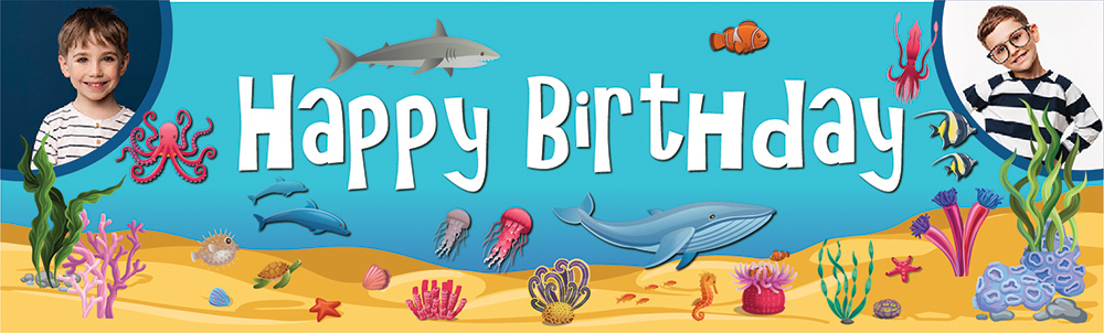 Personalised Happy Birthday Banner - Under The Sea Shark - 2 Photo Upload