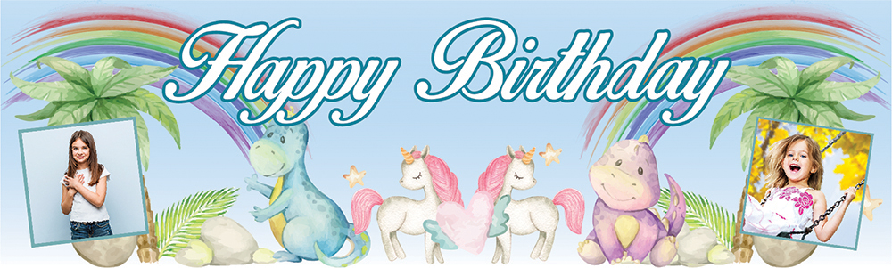 Personalised Happy Birthday Banner - Unicorn & Dino Fairytale - 2 Photo Upload