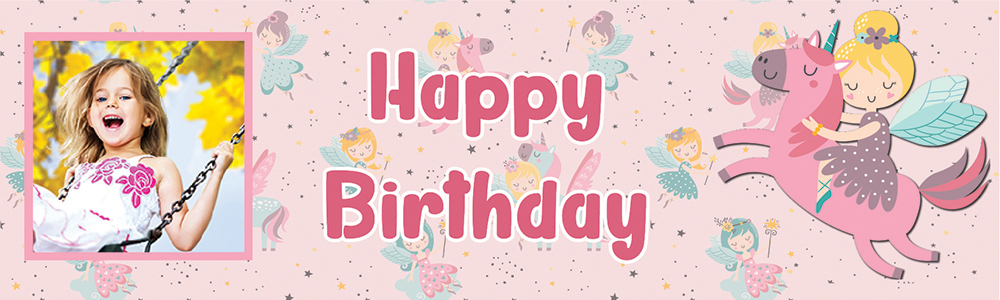 Personalised Happy Birthday Banner - Unicorns & Fairies Pink - 1 Photo Upload