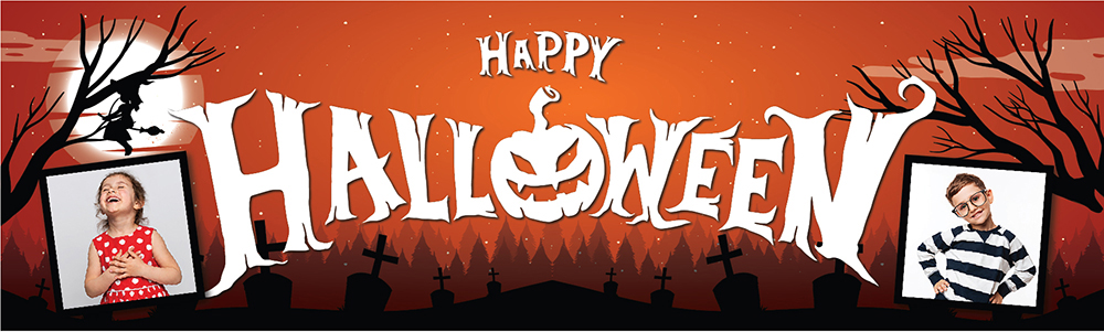 Personalised Happy Halloween Party Banner - Spooky Graveyard - 2 Photo Upload