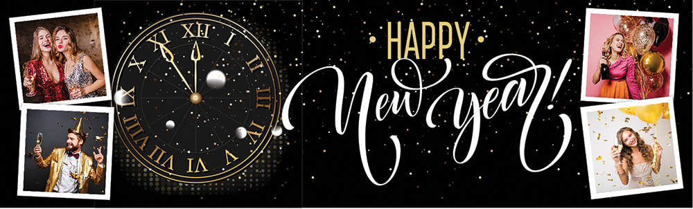 Personalised Happy New Year Banner - Black & Gold Stroke Of Midnight - 4 Photo Upload