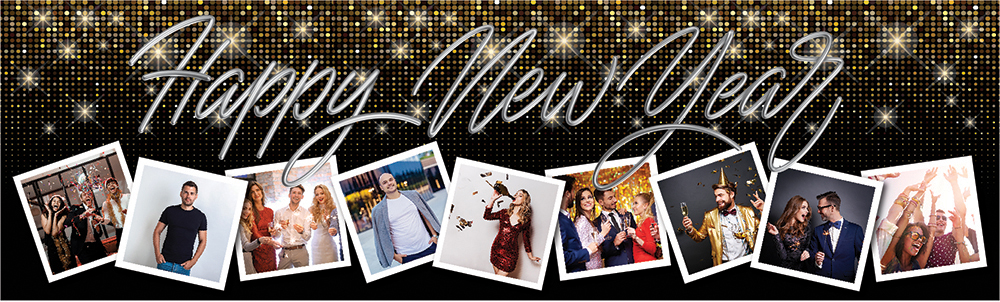 Personalised Happy New Year Banner - Gold Sparkle - 9 Photo Upload