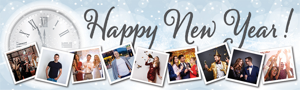 Personalised Happy New Year Banner - Winter Stroke Of Midnight - 9 Photo Upload