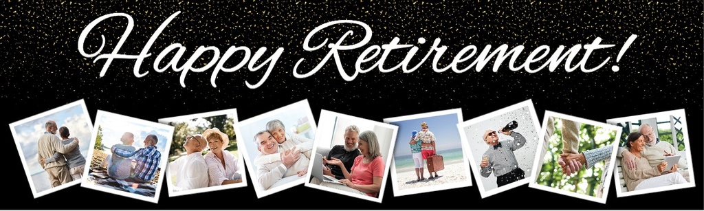 Personalised Happy Retirement Banner - Black & White - 9 Photo Upload