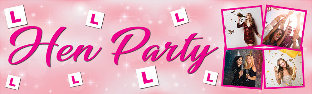 Personalised Hen Do Banner - L Badge Pink Hen Party - 4 Photo Upload