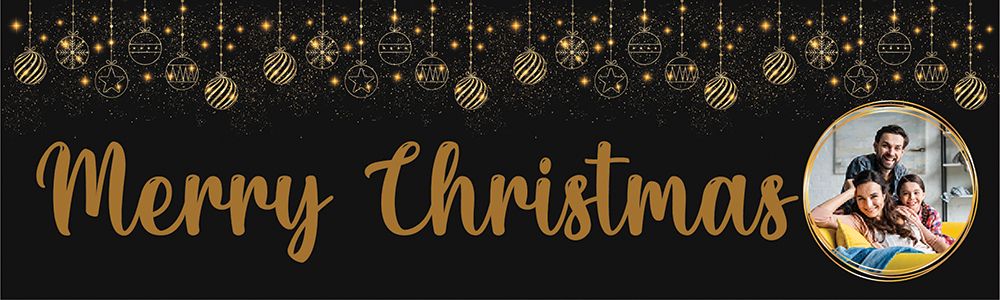 Personalised Merry Christmas Banner - Black & Gold Festive Baubles - 1 Photo Upload