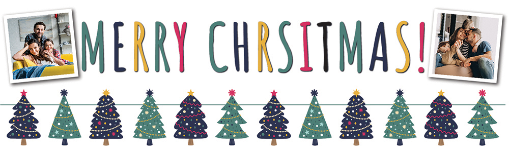 Personalised Merry Christmas Banner - Christmas Tree Design - 2 Photo Upload