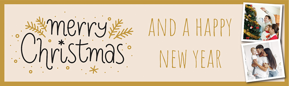 Personalised Merry Christmas Banner - Gold & Black Floral Design - 2 Photo Upload