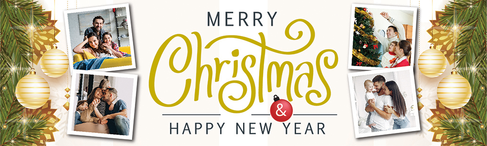 Personalised Merry Christmas Banner - Gold Baubles Xmas & New Year - 4 Photo Upload