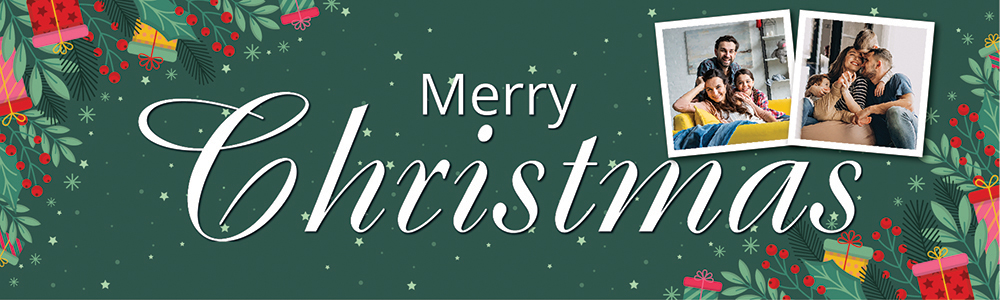 Personalised Merry Christmas Banner - Green Festive - 2 Photo Upload