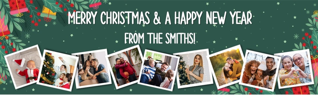 Personalised Merry Christmas Banner - Green Festive - 9 Photo Upload