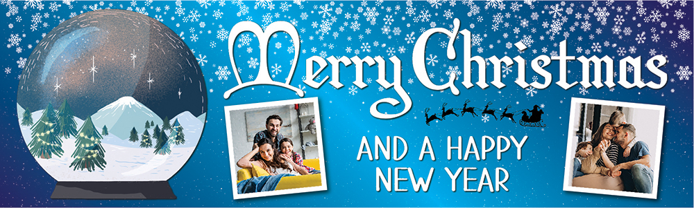 Personalised Merry Christmas Banner - Snow Globe & Snowflakes - 2 Photo Upload