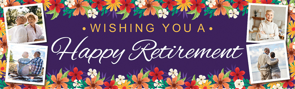 Personalised Retirement Banner - Purple & Bright Flowers - 4 Photo Upload