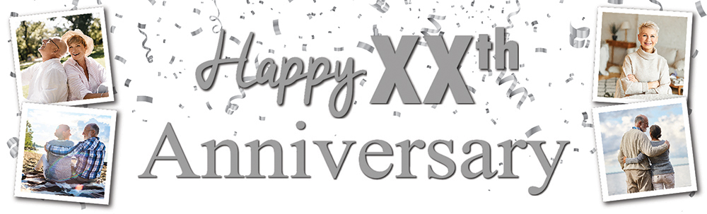 Personalised Wedding Anniversary Banner - Silver Party Design - Custom Year & 4 Photo Upload